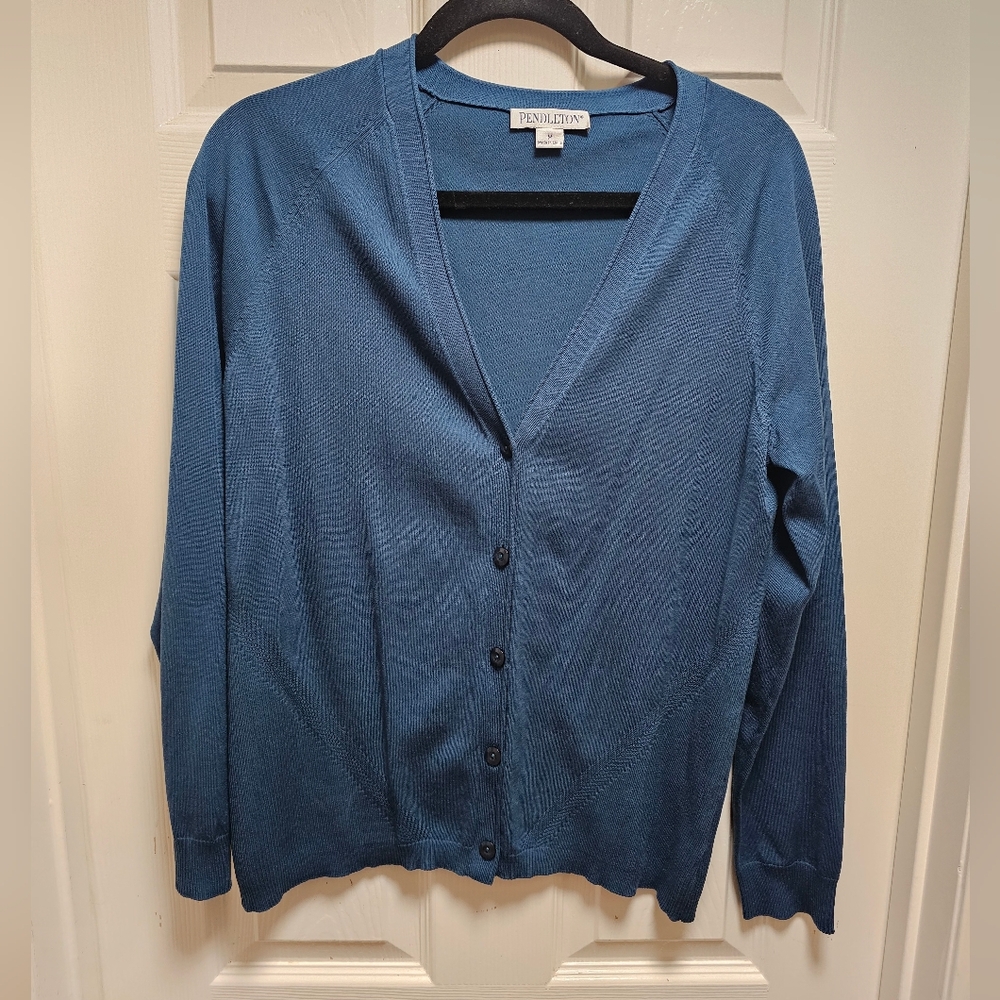 Pendleton Lightweight Cardigan Sweater Blue Silk Cotton Button Front Size M